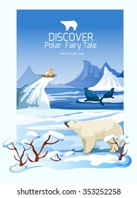 Northern wildlife landscape poster with polar bear and icy mountain range peaks background print abstract vector illustration