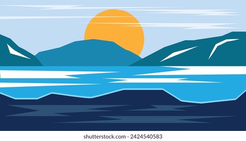 Northern Winter Frozen Landscape with Sunrise Flat. Nature and traveling concept vector art