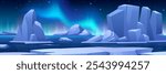 Northern winter horizontal landscape. Vector illustration of snowy Arctic polar landscape with aurora borealis, frozen ocean, icebergs, glaciers. Northern lights in starry sky. Panoramic cold nature