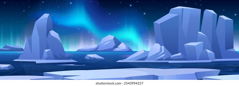 Northern winter horizontal landscape. Vector illustration of snowy Arctic polar landscape with aurora borealis, frozen ocean, icebergs, glaciers. Northern lights in starry sky. Panoramic cold nature