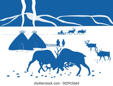 Northern winter landscape with the fighting deer, Chukchi, yaranga, sleigh, mountains. The life of the northern people.
