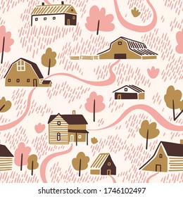 Northern wooden architecture. Vector seamless pattern in hand-drawn style. Houses and trees in northern style. Rustic repeat background in pink and golden colors.