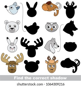 Northern zoo animals heads set to find the correct shadow, the matching educational kid game to compare and connect objects and their true shadows, simple gaming level for preschool kids.