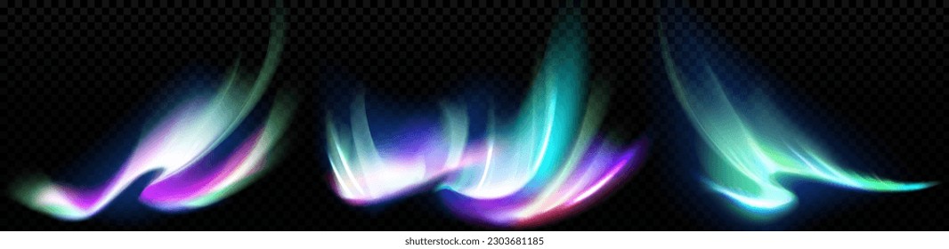 Northers sky aurora sky light isolated vector set on transparent background. Abstract north borealis galaxy overlay effect illustration. Green, blue and purple rainbow astral ray shine design.