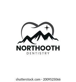 Northooth dentistry logo, scene north mountain with sky line tooth and star vector