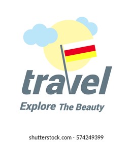 North-Ossetia  Travel Country Flag Logo. Explore the The Beauty lettering with Sun and Clouds and creative waving flag. travel company logo design - vector illustration