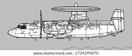 Northrop Grumman E-2D Advanced Hawkeye. Vector drawing of airborne early warning aircraft. Side view. Image for illustration and infographics.