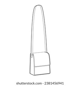 North-South Cross-Body Bag silhouette. Fashion accessory technical illustration. Vector satchel front 3-4 view for Men, women, unisex style, flat handbag CAD mockup sketch outline isolated