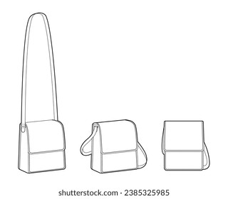 North-South Cross-Body Bag silhouette. Fashion accessory technical illustration. Vector satchel front 3-4 view for Men, women, unisex style, flat handbag CAD mockup sketch outline isolated