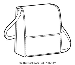 North-South Cross-Body Bag silhouette. Fashion accessory technical illustration. Vector satchel front 3-4 view for Men, women, unisex style, flat handbag CAD mockup sketch outline isolated