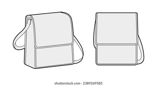 North-South Cross-Body Bag silhouette. Fashion accessory technical illustration. Vector satchel front 3-4 view for Men, women, unisex style, flat handbag CAD mockup sketch outline isolated