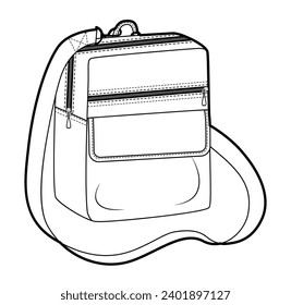 North-South Cross-Body Boxy Bag Pouch with removable strap options. Fashion accessory technical illustration. Vector satchel for Men, women, unisex style, flat CAD mockup sketch outline isolated