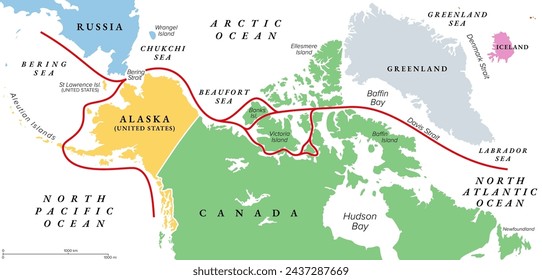 Northwest Passage, NWP, political map. Sea lane between Atlantic and Pacific Ocean through the Arctic Ocean, along the coast of North America via waterways through the Arctic Archipelago of Canada.