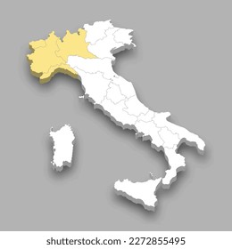 Localización de la región noroccidental en Italia Mapa isométrico 3d