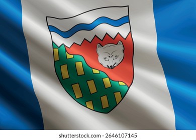 Bandeira dos Territórios do Noroeste acenando ao vento, textura de seda detalhada e realista. Estado do Canadá