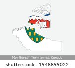 Northwest Territories Map Flag. Map of NT, Canada with flag isolated on white background. Canadian Federal territory. Vector illustration.
