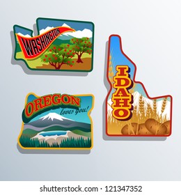 Northwest United States Idaho, Oregon, Washington retro sticker patch designs