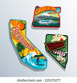 Northwest United states retro travel stickers. California, Nevada, Oregon.