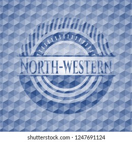 North-western blue badge with geometric pattern background.