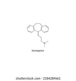 Nortriptyline molecule flat skeletal structure, TCA - Tricyclic antidepressant class drug used in depression treatment. Vector illustration on white background.