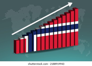 3D-Balkendiagramm, Vektorgrafik, aufsteigender Pfeil auf Daten, Länderstatistik-Konzept, norwegische Flagge auf 3D-Balkendiagramm, steigende Werte, Nachrichtenbanner-Idee