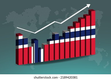 Norway 3D bar chart graph with ups and downs, increasing values, Norway country flag on 3D bar graph, upward rising arrow on data, news banner idea, developing country concept