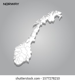 Norway 3d map with borders of regions. Vector illustration