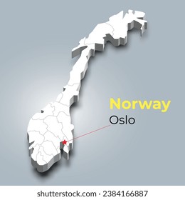Norway 3d map with borders of regions and it’s capital