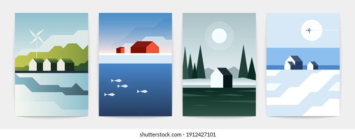 Norway abstract posters. Contemporary minimalist A4 wallpaper with nordic cold landscapes. Vector set