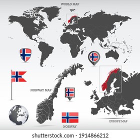 Mapa de divisiones administrativas de Noruega, globo terrestre, Mapas mundiales y europeos que muestran la ubicación del país y el conjunto de iconos de las banderas de Noruega.