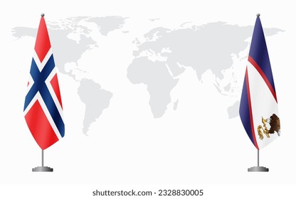 Norwegische und amerikanische Samoa-Flaggen für offizielle Treffen vor dem Hintergrund der Weltkarte.