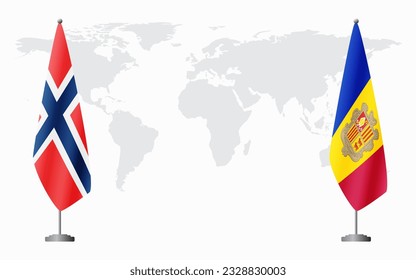 Norway and Andorra flags for official meeting against background of world map.