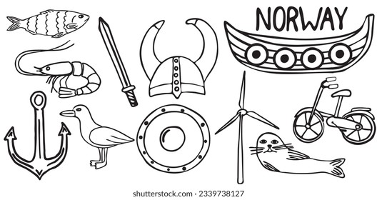 Norway attractions. Vector set in doodle style. Vikings, boat, helmet, shield, sword, seagull, bird, seal, windmills, shrimp, anchor, fish. Isolated on a white background.