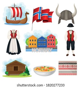 Norway Attributes with Flag on Pole and Colorful Houses Vector Set