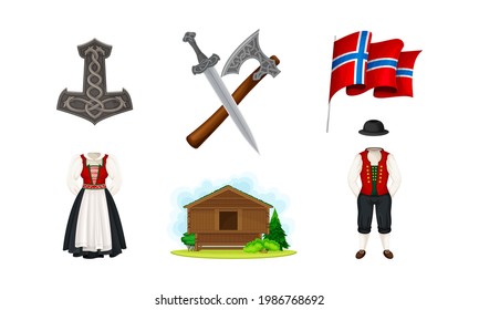 Norwegen-Attribute mit Flagge auf dem Pole und National Ethnic Clothing Vector Set
