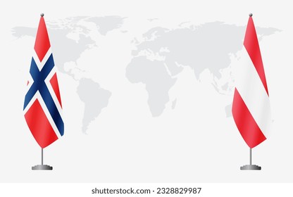Norway and Austria flags for official meeting against background of world map.