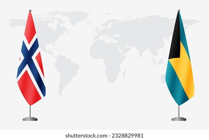 Norway and Bahamas flags for official meeting against background of world map.