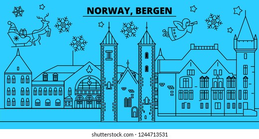Norway, Bergen winter holidays skyline. Merry Christmas, Happy New Year decorated banner with Santa Claus.Norway, Bergen linear christmas city vector flat illustration
