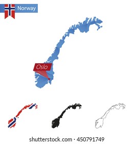 Norway blue Low Poly map with capital Oslo, versions with flag, black and outline. Vector Illustration.