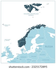 Norway - blue map with neighboring countries and names. Vector illustration
