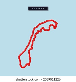 Norway bold outline map. Glossy red border with soft shadow. Country name plate. Vector illustration.