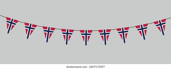 Norway bunting garland, string of triangular flags, norwegian national day, pennants, retro style vector illustration