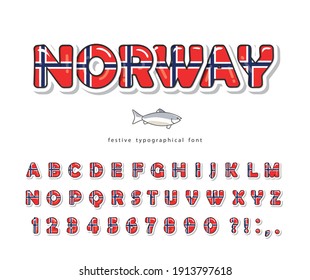 Letra de caricatura de Noruega. Colores de la bandera nacional noruega. Alfabeto brillante para el diseño. Recorte de papel brillantes letras y números ABC. Ilustración del vector