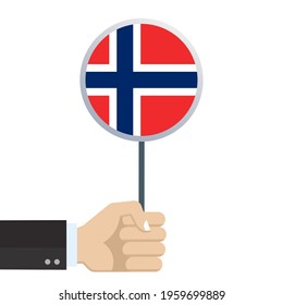 Norway circular flag. Hand holding round Norwegian flag. National symbol. Vector illustration. 