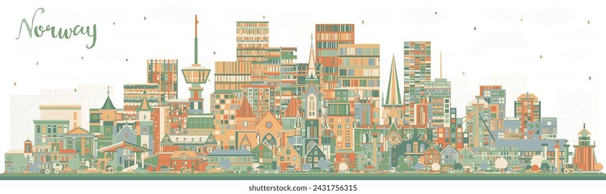 Norway city skyline with color buildings. Vector illustration. Concept with historic and modern architecture. Norway cityscape with landmarks. Oslo. Stavanger. Trondheim. Bergen.