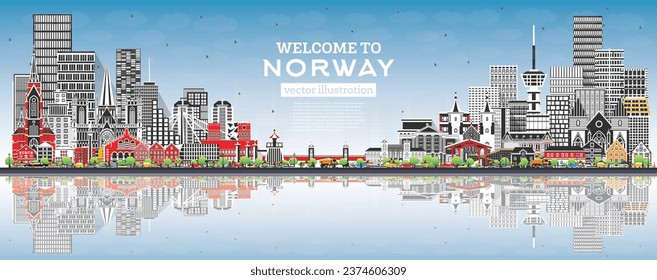 Norway city skyline with gray buildings, blue sky and reflections. Vector illustration. Concept with historic, modern architecture. Norway cityscape with landmarks. Oslo. Stavanger. Trondheim. Bergen.