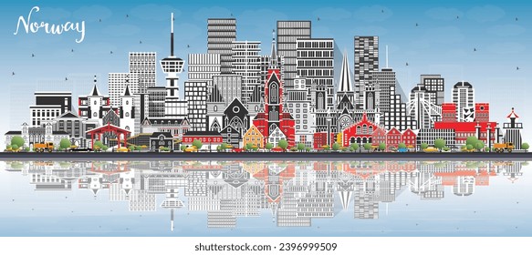 Norway city skyline with gray buildings, blue sky and reflections. Vector illustration. Concept with historic, modern architecture. Norway cityscape with landmarks. Oslo. Stavanger. Trondheim. Bergen.