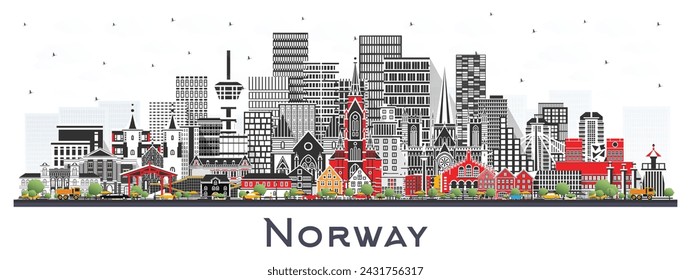 Norway city skyline with gray buildings isolated on white. Vector illustration. Concept with historic and modern architecture. Norway cityscape with landmarks. Oslo. Stavanger. Trondheim. Bergen.