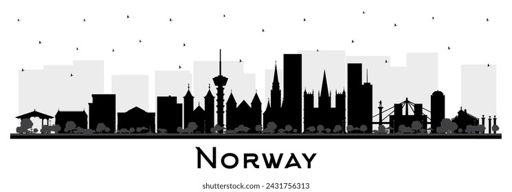 Norway city skyline silhouette with black buildings isolated on white. Vector illustration. Concept with historic and modern architecture. Norway cityscape with landmarks. Oslo. Stavanger. Trondheim.