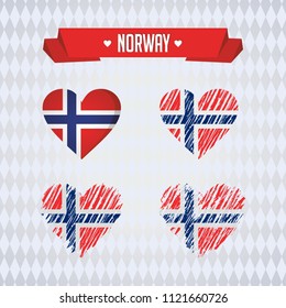 Norway. Collection of four vector hearts with flag. Heart silhouette